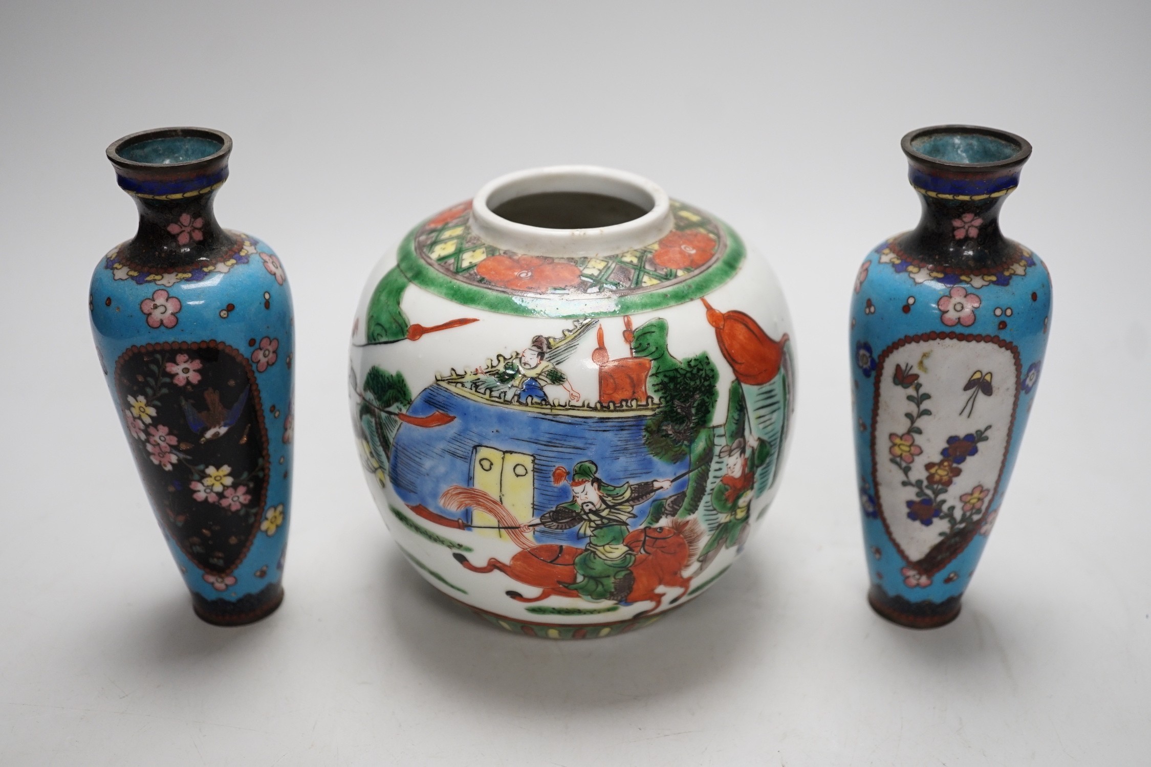 A Satsuma covered pot, a pair of cloisonné enamel vases and a Chinese ginger jar